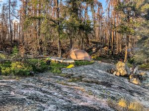 Our campsite on a burned shoreline of the lake south of Poodle.