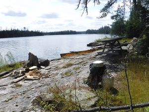 Nice shore lunch campsite used by outpost fishing lodge on Rowdy Lake