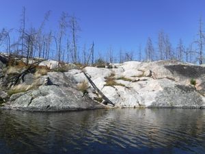 More rock cairns marking eastern start of Aegean Portage, looking west