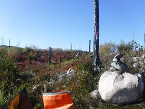 North Aegean portage entrance marked with rock cairn and orange flagging