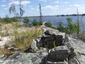 Close of fire pit on Mather Lake looking east