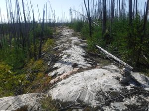 rock cairns guiding the way along granite ridge: photo looking south