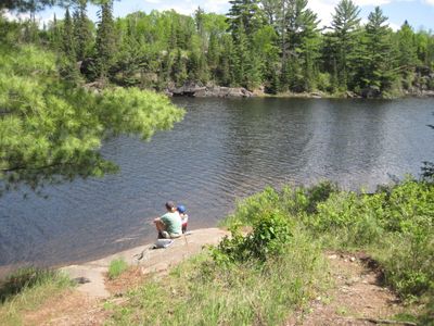 Jen and Joey fishing from Camp - Jordan Lake