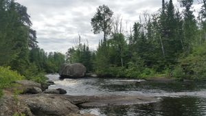 Portage around rapids on Malberg Lake